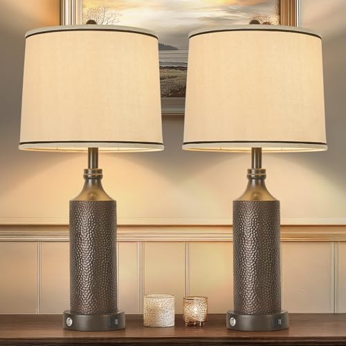 AIDENOEY 27.5" H 3-Way Dimmable Touch Control Table Lamp Set of 2，Vintage Bedside Lamp Nightstand Lamps with USB A+C Ports, Black Brown Finish Resin