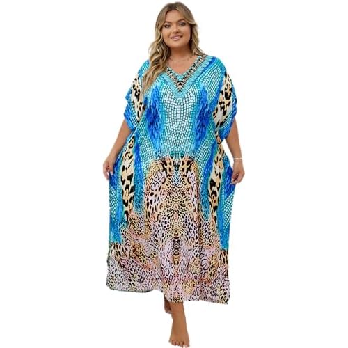 Swimsuit Cover Up Caftan Women's Vneck Flower Leopard Print Batwing Sleeve Side Split Kaftan Dresses D-print2