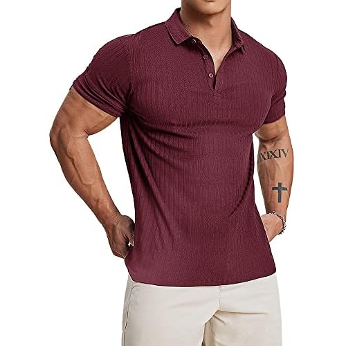 Muscle Cmdr Men's Cotton Muscle Shirts Slim Fit Business Casual Tee Long&Short Sleeve Ribbed Polo V Neck Shirt Small Red-Short