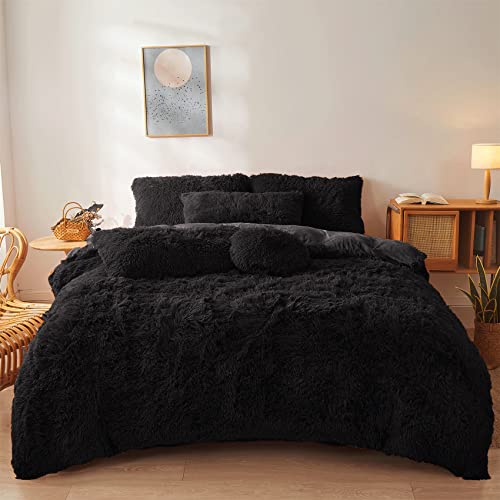 Black Fur Comforter Cover Set Queen - Ultra Soft Fluffy Plush Bedding Sets 3 Pieces (1 Faux Fur Duvet Cover + 2 Faux Fur Pillow case) Fluffy Bed Sets