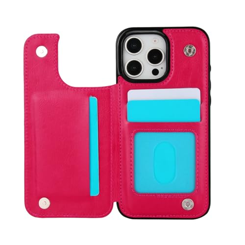 for iPhone 16 Pro Case with Credit Card Holder,RFID Blocking,PU Premium Leather Double Magnetic Clasp Kickstand Heavy Duty Protective Cover.(Rose Red)