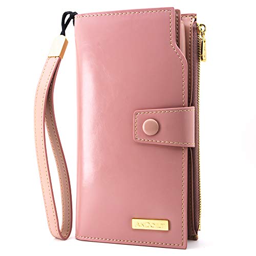 ANDOILT Women's RFID Blocking Large Capacity Luxury Wax Genuine Leather Clutch Wallet Card Holder Organizer Ladies Purse Pink