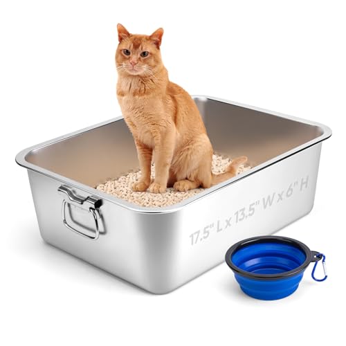 Stainless Steel Litter Box with Handle for Cat and Rabbit, 17.5" L x 13.5" W x 6" H, Odor Control Litter Pan, Fold-able Feeding Plate, Non Stick Smoot