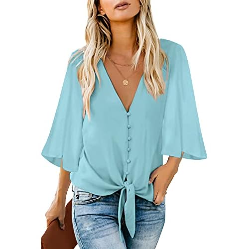 luvamia Women's Casual V Neck Tops 3-4 Sleeve Tie Knot Blouses Solid Button Down Shirts X-Large Crystal Blue