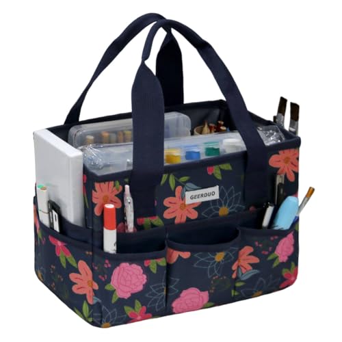 Craft Organizer Tote Bag Art Caddy with Multi-Pockets for Office Supplies Scrapbooking Sewing Storage Blue Floral