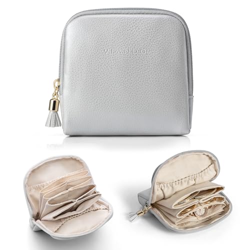 Vlando Travel Jewellery Organiser, Jewellery Pouch with Zipper, Velvet Lining Jewellery Bags for Rings, Bracelets & Necklaces,Grey-Lychee Grain C.grey