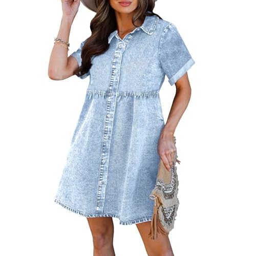 luvamia Women's Casual Short Sleeve Button Down Tiered Denim Babydoll Jean Dress Large Roadknight Blue