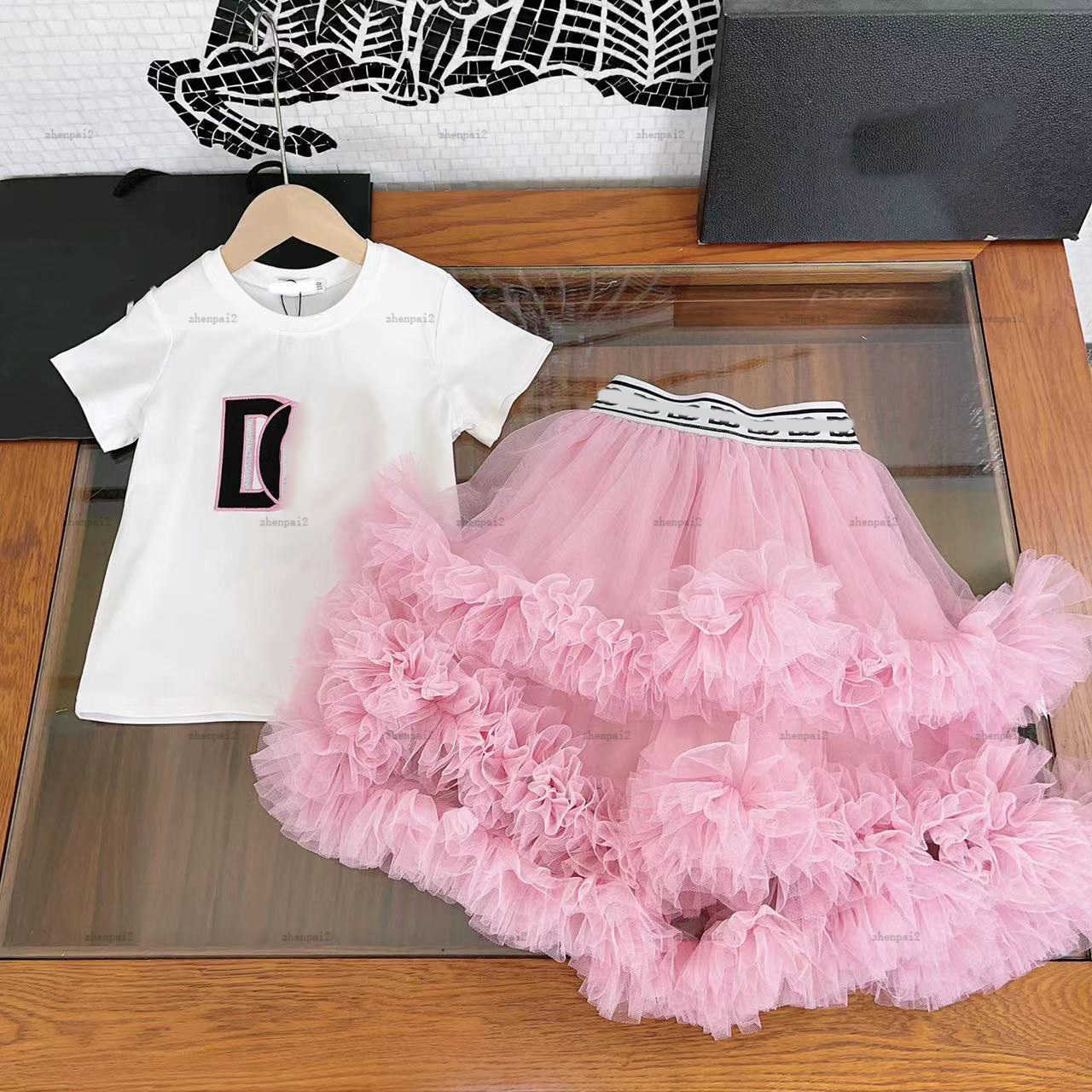 Luxury skirt set kid sets kids designer clothes girls Round neck Pure cotton letter embroidery t-shirt cake Net yarn skirts suit baby clothes