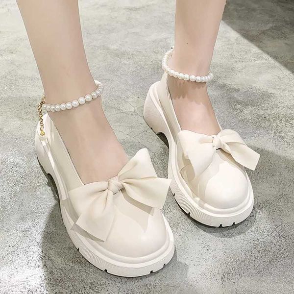 Fi Mary Jane Shoes Wen 2024 Spring-Summer New Collection Pearl Bow Single Shoes Thick High Heels Small Leather Shoes Y241102