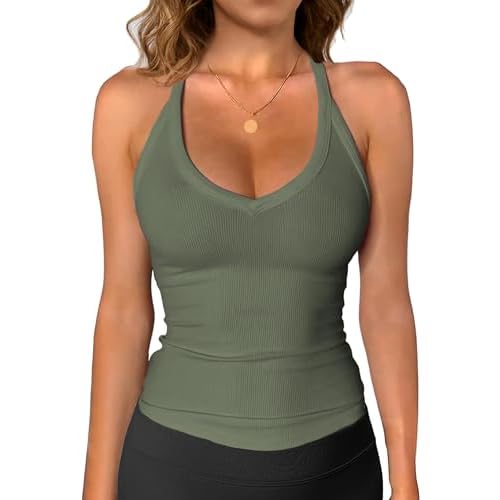 iGENJUN Workout Tops for Women Racerback Basic Tank Summer 2025 Camisole V Neck Slim Fit Ribbed Sleeveless Small Dark Olive Green
