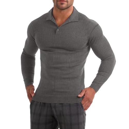 Muscle Cmdr Men's Slim Fit Muscle Polo Shirts Long&Short Sleeve Stretch Quick Dry Tee Casual Golf Athletic T-Shirts X-Small Grey-long