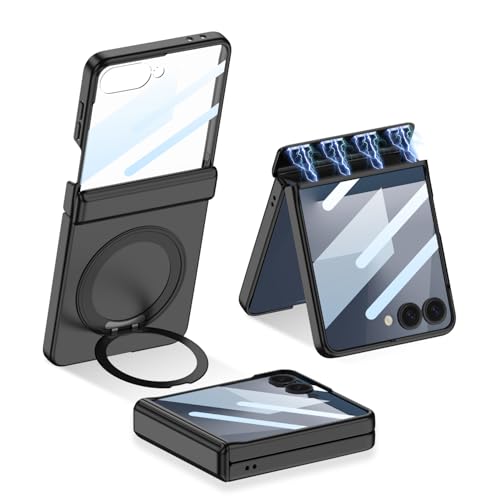 for Samsung Galaxy Z Flip 7 Case with 360 Bracket Ring Holder Magnetic Hinge Protection & Built-in Front Screen Protector, Slim Texture Shockproof Cas