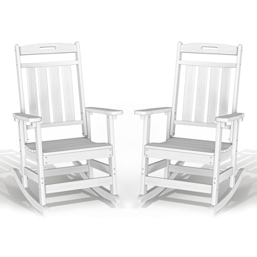 Oversized Outdoor Rocking Chairs 2 Pack - All-Weather HDPE Heavy Duty Patio Rockers with High Back - Modern Style for Porch, Garden - White White 2 PC