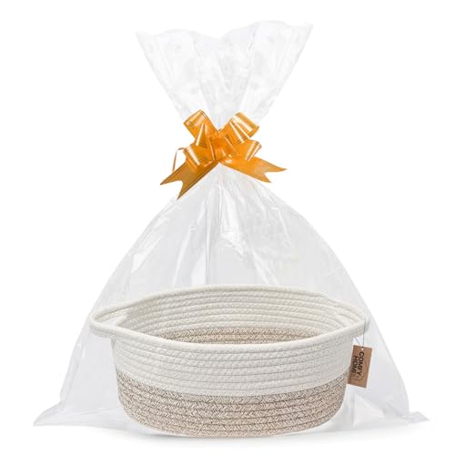 COMFY HOMI Small Woven Baskets with Handles, Gift Bags and Ribbons - Durable Cotton Rope Storage Organizer for Baby Basket, Dog Toy Basket Box, Gift B