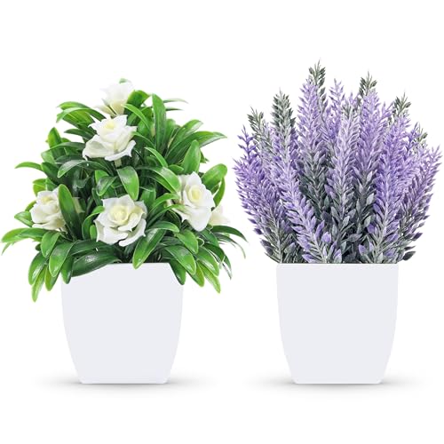 Der Rose 2 Pack Small Fake Plants Faux Plants Indoor with Flowers for Home Bathroom Kitchen Office Desk Decor
