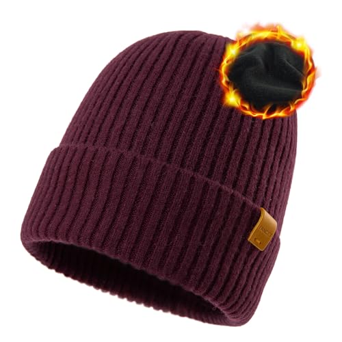 TOP-EX PolarWool™ Oversized 100% Merino Wool Fleece Lining M L XL XXL Beanie Cold Weather Winter Hat Big Head X-Large-XX-Large Te94586_red