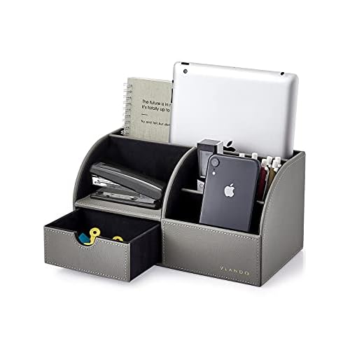 Vlando Desk Organizer with Drawer, Back to School Supplies - 5 Compartment Desktop Storage Holder with Organizer Section for Desk Accessories (Gray)