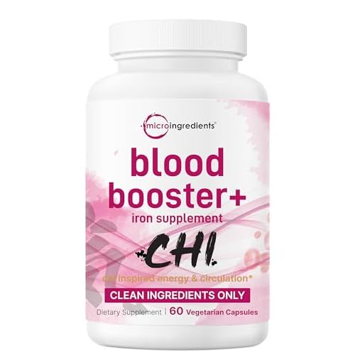 Micro Ingredients Blood Booster+ Iron Supplement, 60 Veggie Capsules | 14-in-1 Iron Bisglycinate with Folate, Vitamins B, C | Gentle Formula Without S