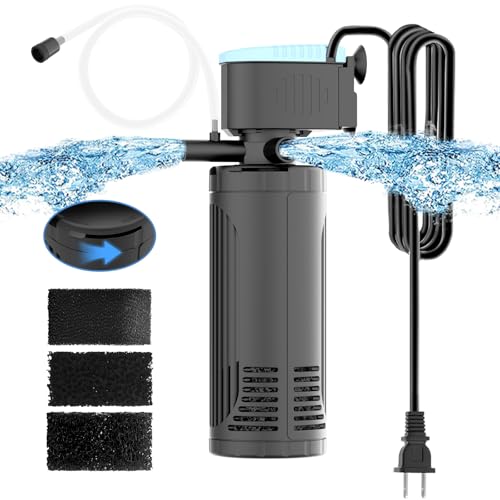 AquaMiracle Submersible Aquarium Filter 3-Stage in-Tank Filter with Dual Water Outlet & Aeration, Water Flow Adjustable 225GPH Internal Fish Tank Filt