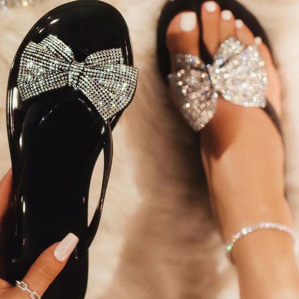 Spring-summer large size flip flops women bow knot rhinestones outdoor leisure beach flat home sandals-slippers 240311