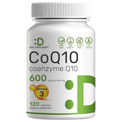 CoQ10 600mg, 120 Capsules – with Omega 3 Fatty Acid 100mg – Max Strength – Bioavailable Coenzyme Q10 Supplements – Heart, Energy, & Brain Heal