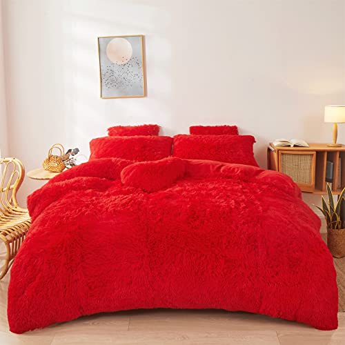 Fluffy Red comforters Cover Twin Size - Ultra Soft Plush red Bedding Sets 2 Pieces (1 Faux Fur Comforter Cover + 1 Fuzzy Pillow case) Girls Shaggy red