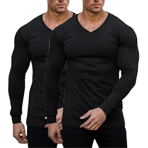 Muscle Cmdr Slim Fit Thermal V Neck Long Sleeve,Muscle Shirt, Casual, Ribbed Pullover Tee Lightweight Sweater Undershirts 2pcs-black Small