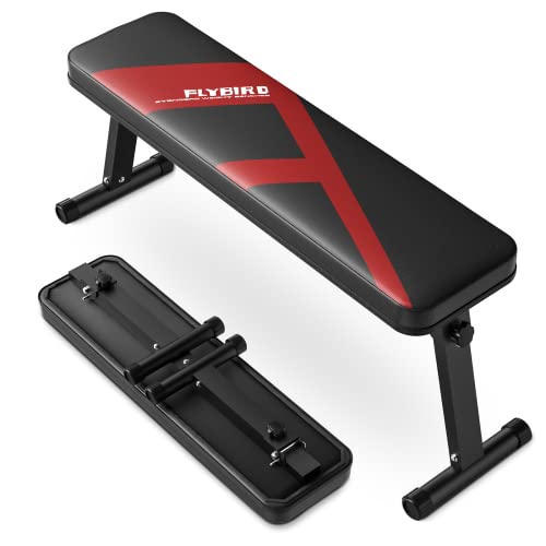 FLYBIRD Flat Bench, Foldable Flat Weight Bench Easy Assembly for Strength Training Bench Press, 600-1000 LBS 2 Versions A-Red