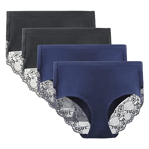 LIQQY Women's 4 Pack High Rise Underwear Combed Cotton Brief Breathable Lace Full Coverage Panty Medium Black-Navy Blue