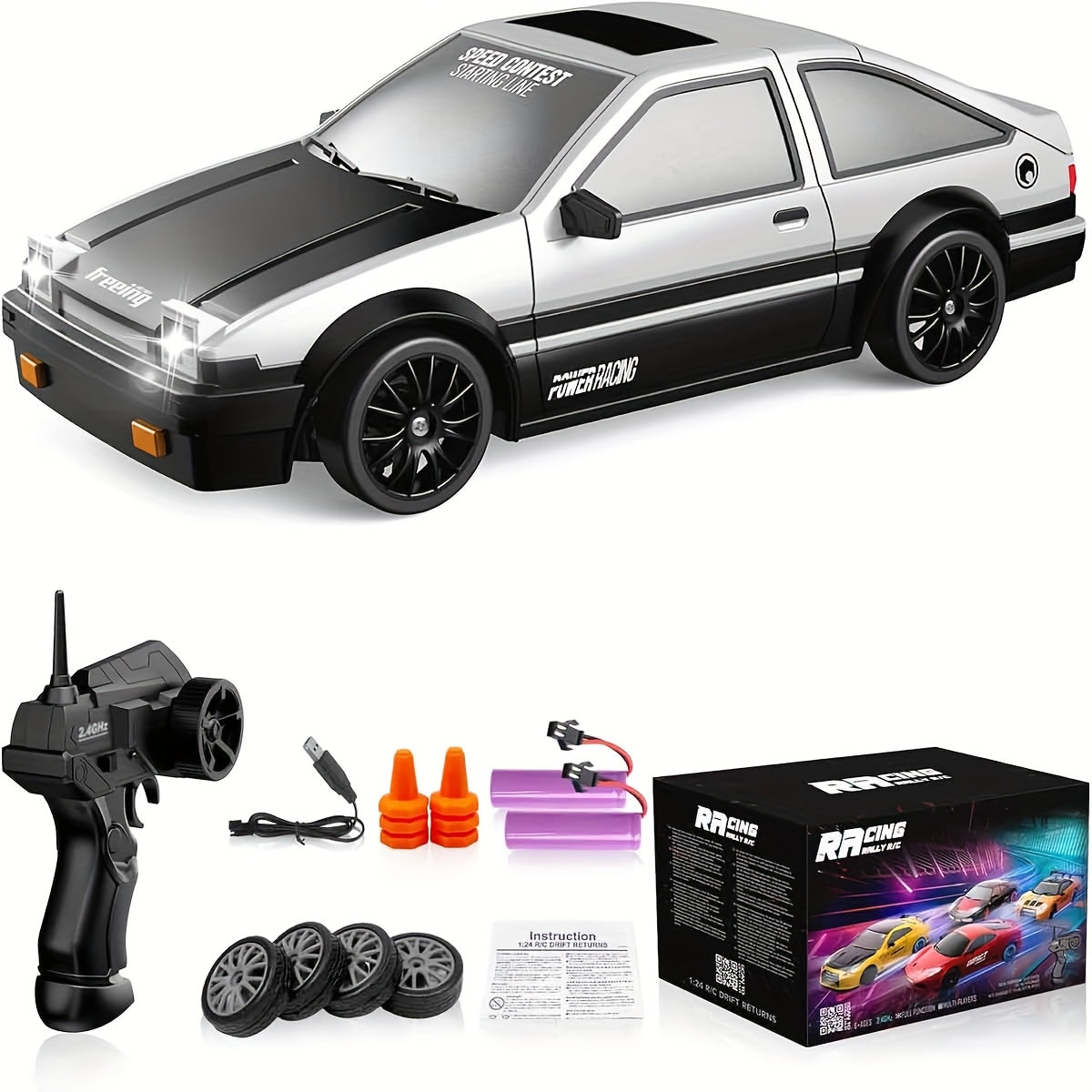 TEMU 1:24 Scale Drift Car Toy, 4wd With Flashing Lights, Tires & Tools, Usb Rechargeable Lithium Battery, Push Button Control, Ideal Gift For -