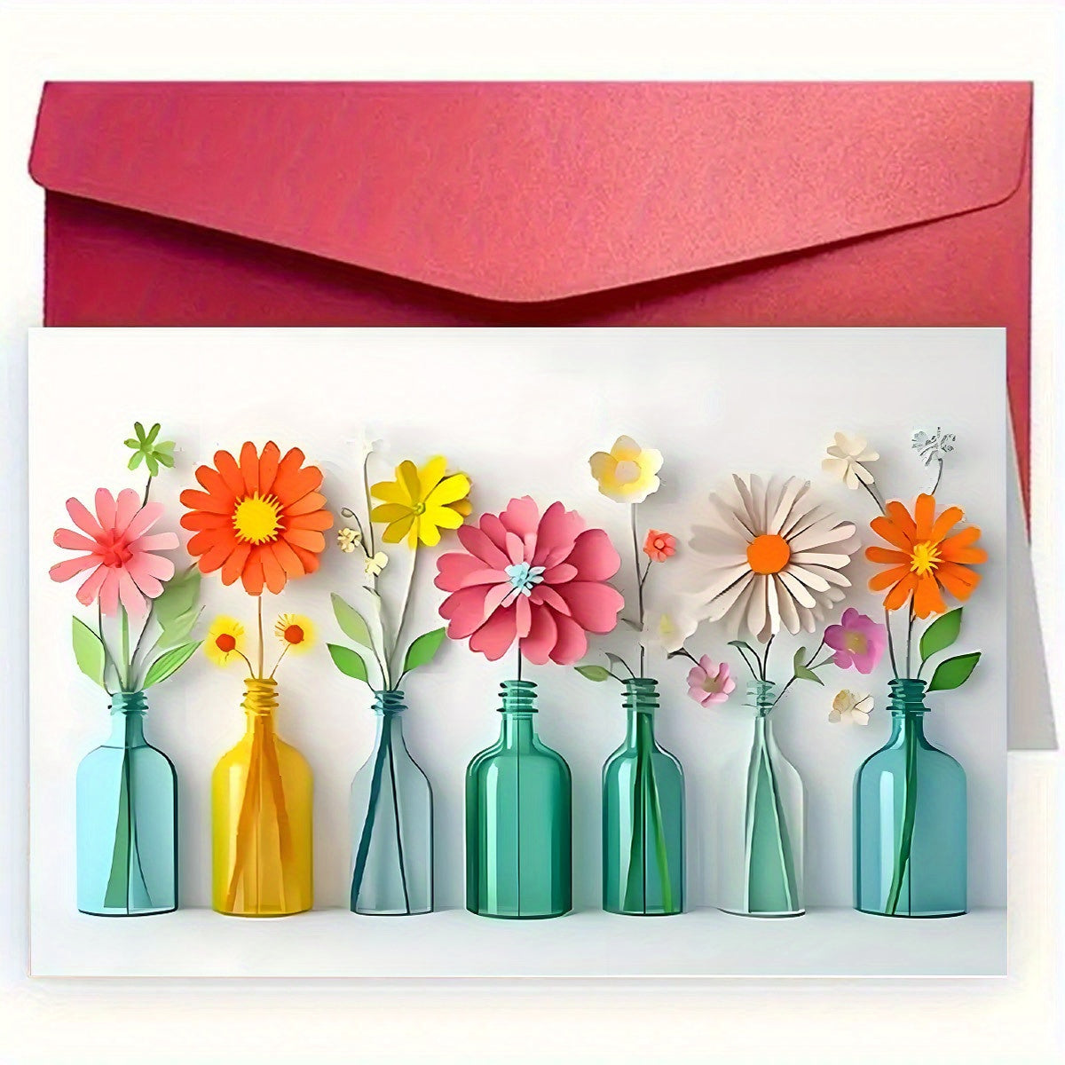 TEMU 1pc Interesting Vases Flower Arransynthetic Gemstoneent Greeting Card, Delicate And Smooth On The Front, Smooth Writing On The Back, Quality