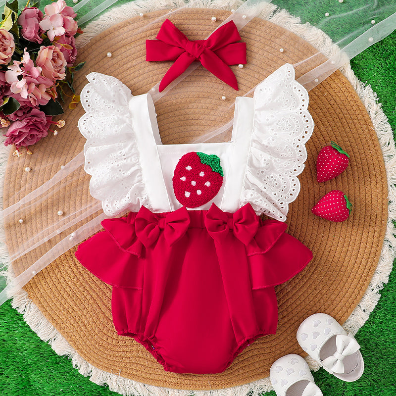Cute Infant Female Long-Sleeved All-in-One Jumpsuit with Berry Design & Ruffle Edges - KJ3X4948A