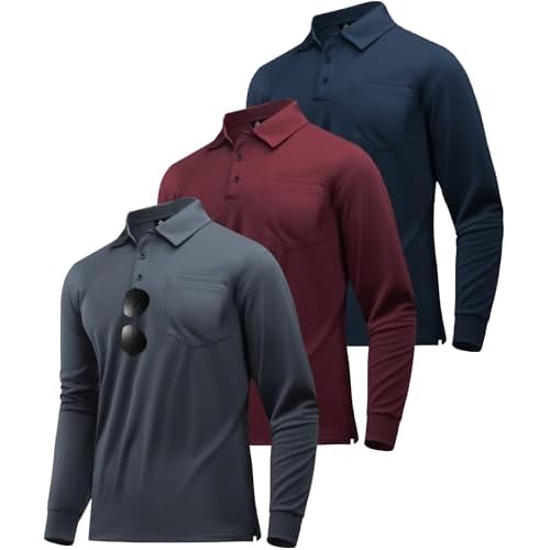 ZITY 3 Pack Long Sleeve Polo Shirts for Men with Pocket Moisture Wicking Outdoor Workwear Office Casual Collared Shirts Fall Grey+wine Red+navy Medium