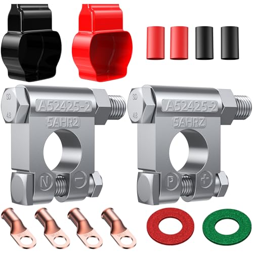 Battery Terminal Connectors Kit, Heavy Duty Negative Positive Auto Car Marine Terminals, with 4 Pcs 2 Gauge 3-8" Copper Lugs, 4 Heatshrink Tubes, 2 Pr