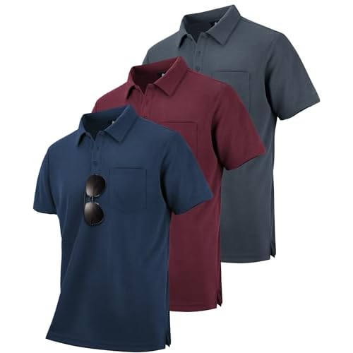 ZITY 3 Pack Polo Shirts for Men with Pocket Short Sleeve Moisture Wicking Outdoor Tactical Shirt Summer Casual Medium Grey+wine Red+navy