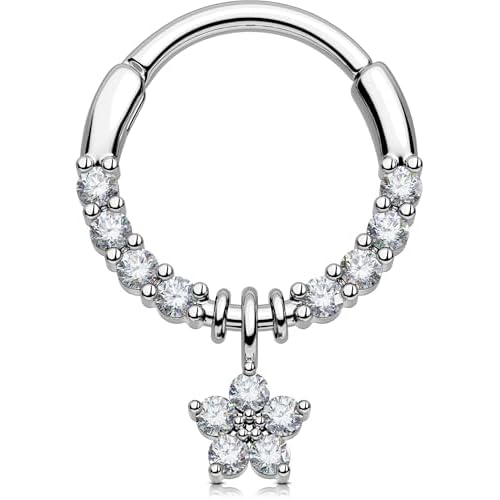 OUFER 16G Flower Dangle Septum Rings, 316L Surgical Steel Septum Jewelry, Clear CZ Hinged Clicker Daith Piercing Jewelry, Flower Nose Hoops, Daith Car