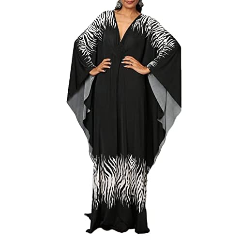 Bsubseach Women Ethnic Print Kaftan Beach Dress Plus Size Swimsuit Cover Up Black White
