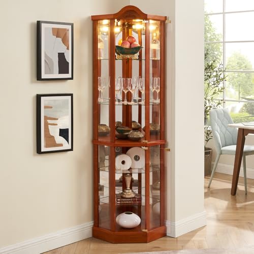 Corner Glass Display Cabinet: Tall Arched Curio Cabinets with Glass Doors & Adjustable Shelves | Lighted Wood China Cabinet - Bar and Liquor Storage A