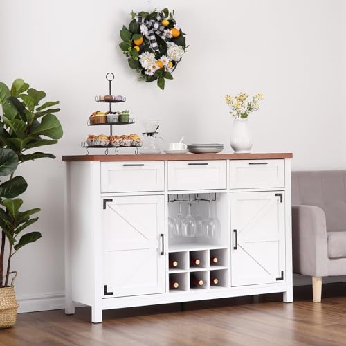 Garvee Farmhouse Buffet Cabinet 48” - 3 Drawers & 2 Barn Doors, Particle Board & MDF Wood, Wine & Glass Rack, Adjustable Shelves, Ideal for Dining Roo