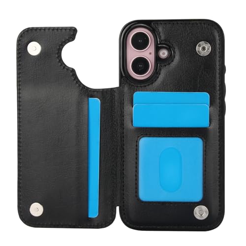 for iPhone 16 Case with Credit Card Holder,RFID Blocking,PU Premium Leather Double Magnetic Clasp Kickstand Heavy Duty Protective Cover.(Black) Black