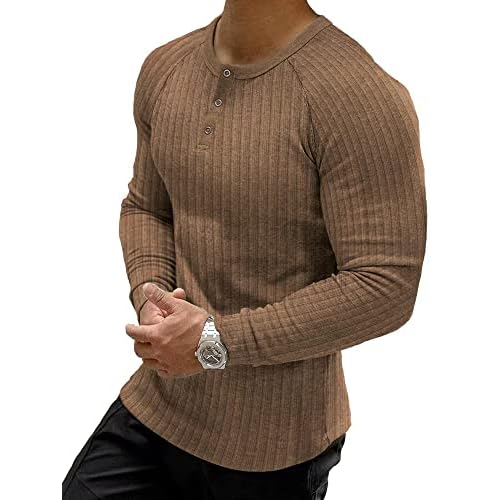 Muscle Cmdr Men's Ribbed Henley Shirt Short Sleeve Slim Fit Muscle Shirt Fitted Cotton Casual Long Sleeve Small Brown-long