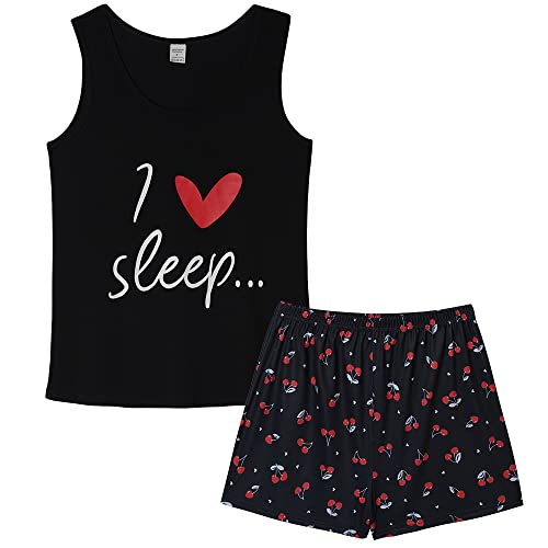 VENTELAN Women Pajamas Cute Tank and Shorts Set Soft PJS Sleepwear Loungewear Small F-black