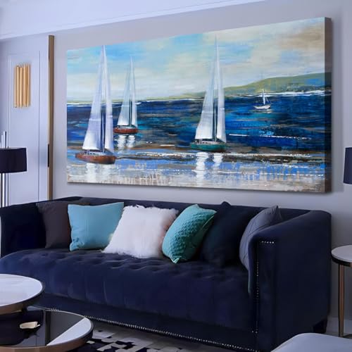 Ardemy Blue Abstract Canvas Wall Art for Living Room Sailboat Extra Large Wall Decor Painting Picture Bedroom Textured Nautical Navy Blue Seascape Art