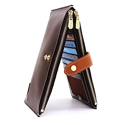 ANDOILT Women's Genuine Leather Wallet RFID Blocking Credit Card Holder Zipper Purse Cell Phone Handbag One Size coffee