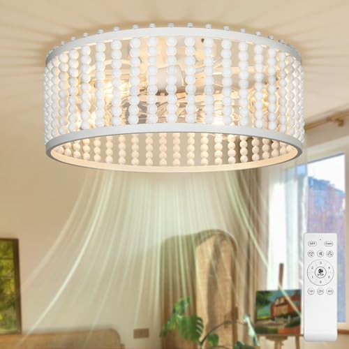 20" Boho Wood Beaded Fandelier, 6-Speed Flush Mount Caged Ceiling Fan with Light & Remote Control, Rustic Chandelier Fan Bladeless-Quiet Motor-Low Pro