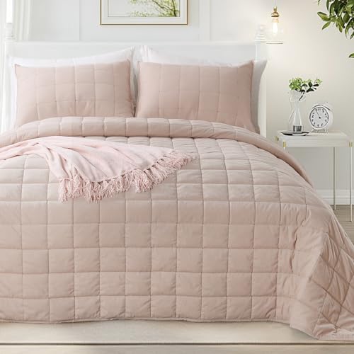 KASENTEX Queen Size Quilt Set – 3 Piece Pink Corduroy Bedspread with Pillow Shams – Soft, Lightweight, Durable Bedding for All Season Comfort