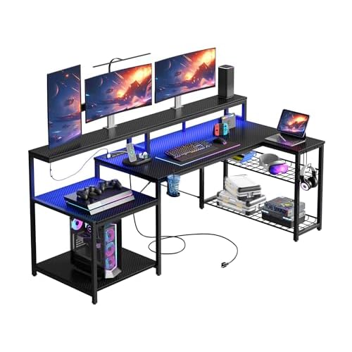 Bestier Gaming Desk with Power Outlet, 71.5 inch LED Computer Desk with Monitor Stand, L Shaped Large Desk with Metal Shelf, Cup Holder & Headset Hook