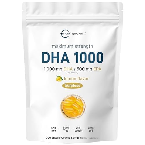 Omega 3 Fish Oil DHA Supplements 1000mg with EPA 500mg, 200 Softgels – Lemon Flavored, Burpless (Enteric Coated) | Deep Sea Fresh Fish, Wild Caught