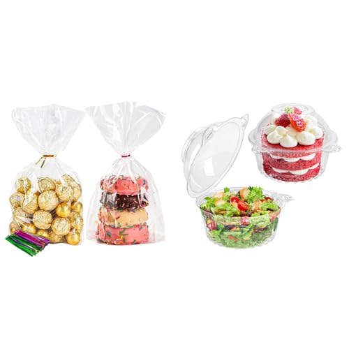 NPLUX Bundle of 100 Pack Cellophane Bags and 50 Pack Individual Cupcake Containers for Candy Popcorn Cookie Small Wrapping