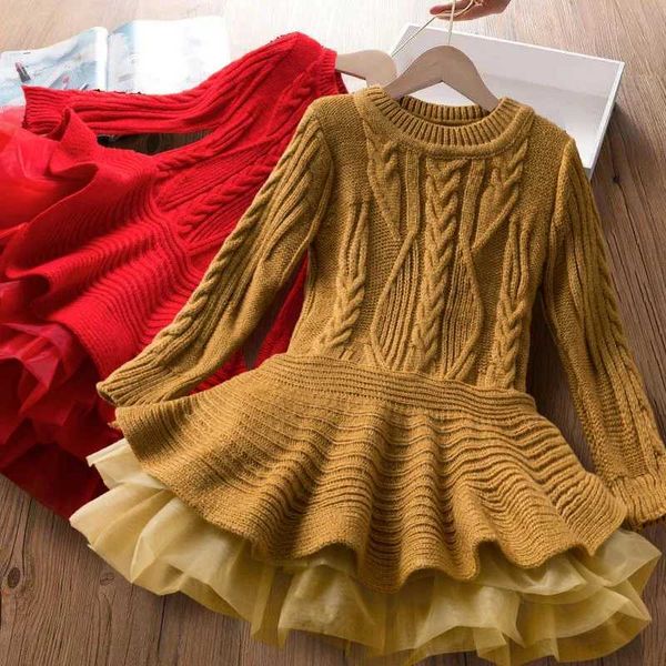 Girl's Dresses Long sleeved girls autumn and winter dress 2024 new knitted sweater red Christmas party dress girls clothing 3-8Y H24090